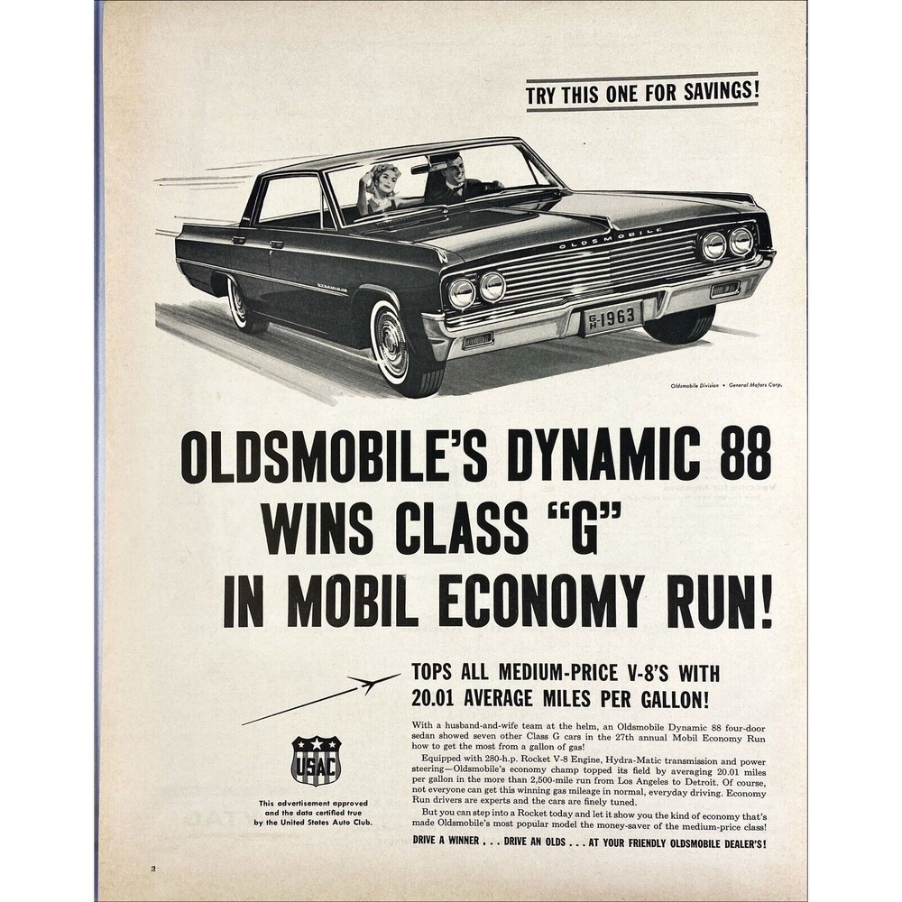 Oldsmobile's Dynamic 88 "Wins Class G in Mobil Economy Run!" VTG Print Ad 1963